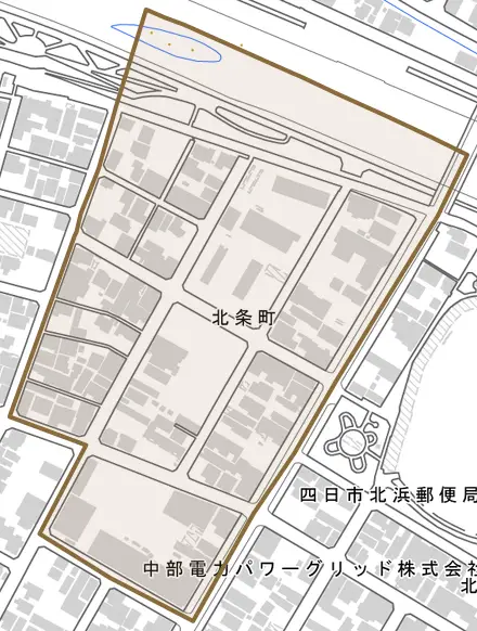 北条町とその周辺の地図。町の範囲を重ねている