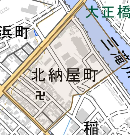 北納屋町とその周辺の地図。町の範囲を重ねている