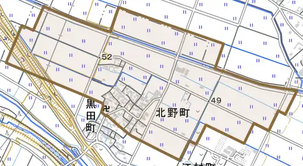 北野町とその周辺の地図。町の範囲を重ねている