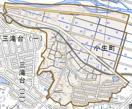 小生町とその周辺の地図。町の範囲を重ねている
