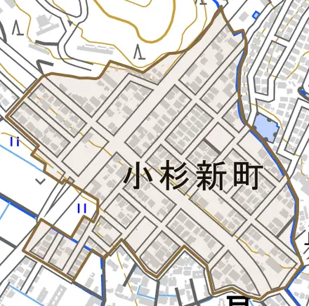 小杉新町とその周辺の地図。町の範囲を重ねている