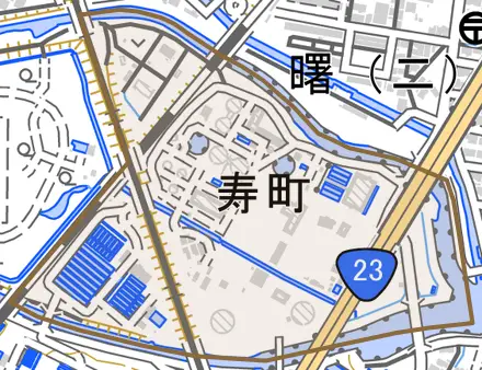寿町とその周辺の地図。町の範囲を重ねている