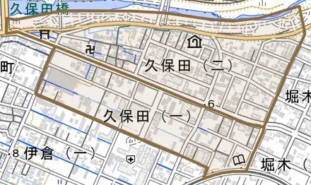 久保田とその周辺の地図。町の範囲を重ねている