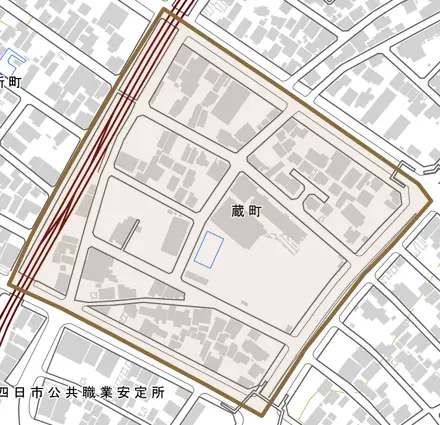 蔵町とその周辺の地図。町の範囲を重ねている