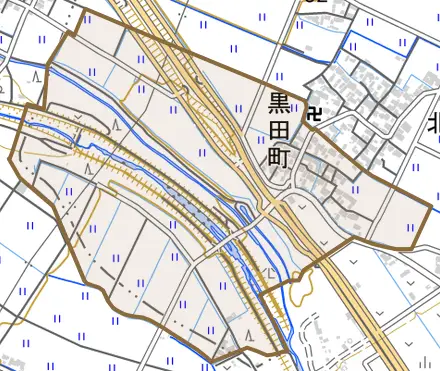 黒田町とその周辺の地図。町の範囲を重ねている