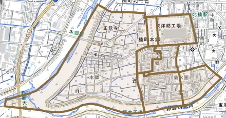 楠町本郷とその周辺の地図。町の範囲を重ねている