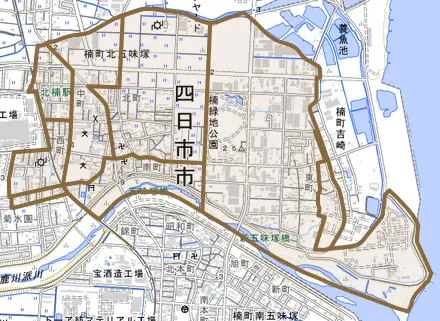 楠町北五味塚とその周辺の地図。町の範囲を重ねている