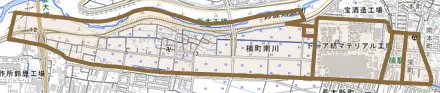 楠町南川とその周辺の地図。町の範囲を重ねている