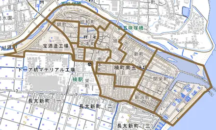 楠町南五味塚とその周辺の地図。町の範囲を重ねている