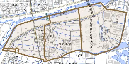 楠町小倉とその周辺の地図。町の範囲を重ねている
