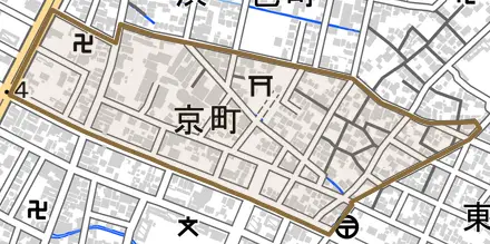 京町とその周辺の地図。町の範囲を重ねている