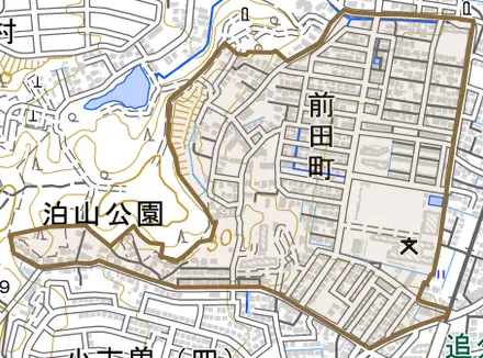 前田町とその周辺の地図。町の範囲を重ねている