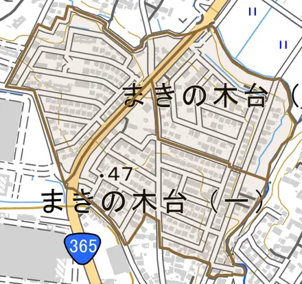 まきの木台とその周辺の地図。町の範囲を重ねている