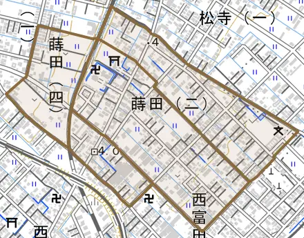 蒔田とその周辺の地図。町の範囲を重ねている