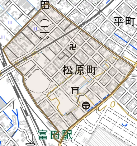 松原町とその周辺の地図。町の範囲を重ねている