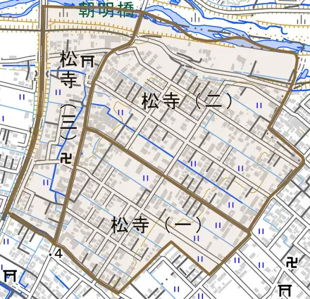 松寺とその周辺の地図。町の範囲を重ねている