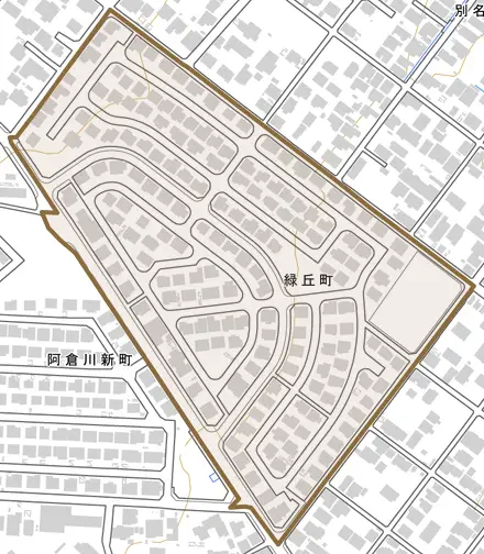 緑丘町とその周辺の地図。町の範囲を重ねている