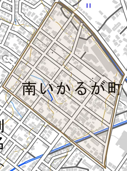 南いかるが町とその周辺の地図。町の範囲を重ねている