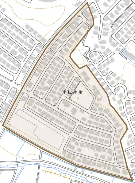 南松本町とその周辺の地図。町の範囲を重ねている