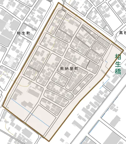 南納屋町とその周辺の地図。町の範囲を重ねている