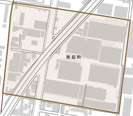 南起町とその周辺の地図。町の範囲を重ねている