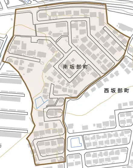 南坂部町とその周辺の地図。町の範囲を重ねている