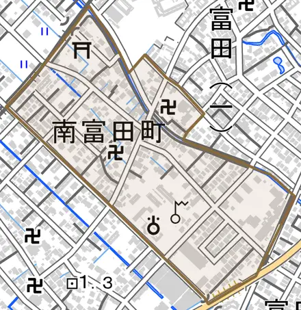 南富田町とその周辺の地図。町の範囲を重ねている