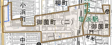 御薗町とその周辺の地図。町の範囲を重ねている