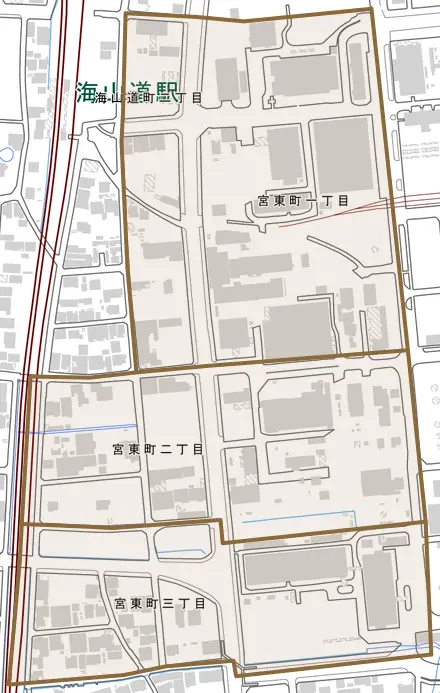 宮東町とその周辺の地図。町の範囲を重ねている