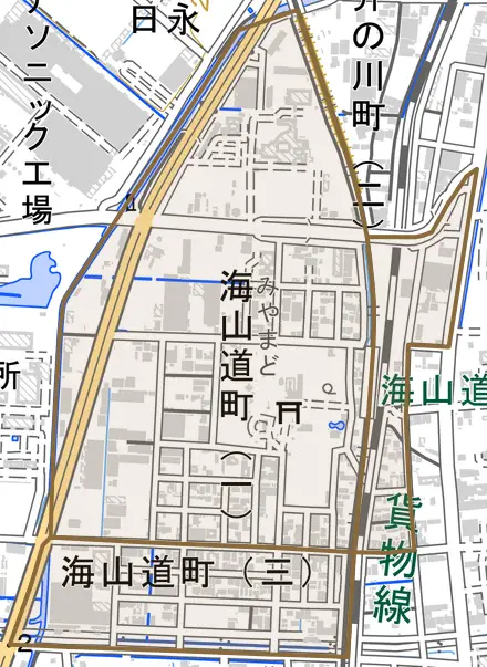 海山道町とその周辺の地図。町の範囲を重ねている