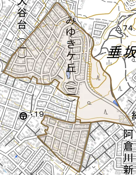 みゆきヶ丘とその周辺の地図。町の範囲を重ねている