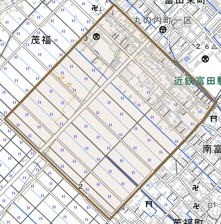 大字茂福とその周辺の地図。町の範囲を重ねている