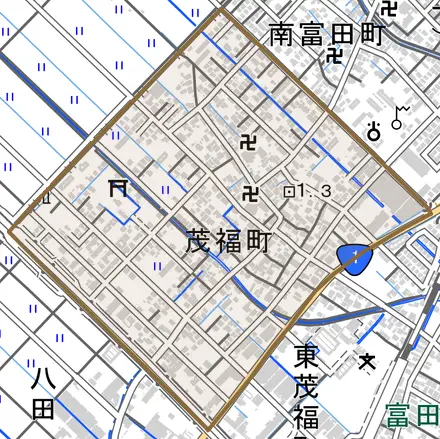 茂福町とその周辺の地図。町の範囲を重ねている