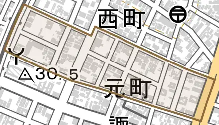 元町とその周辺の地図。町の範囲を重ねている