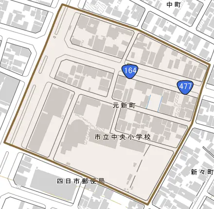 元新町とその周辺の地図。町の範囲を重ねている
