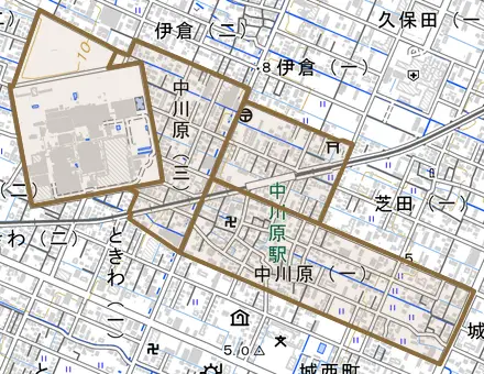 中川原とその周辺の地図。町の範囲を重ねている