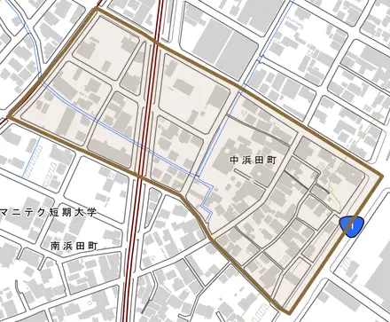 中浜田町とその周辺の地図。町の範囲を重ねている