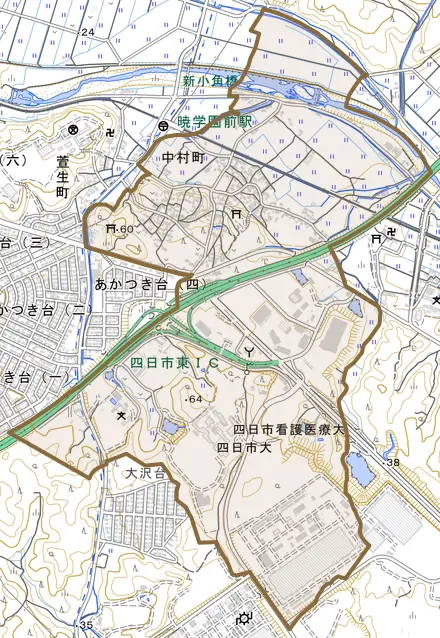 中村町とその周辺の地図。町の範囲を重ねている