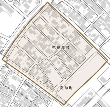 中納屋町とその周辺の地図。町の範囲を重ねている