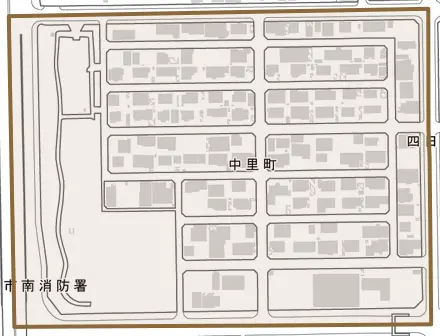 中里町とその周辺の地図。町の範囲を重ねている