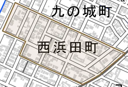 西浜田町とその周辺の地図。町の範囲を重ねている