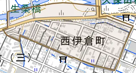 西伊倉町とその周辺の地図。町の範囲を重ねている