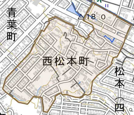 西松本町とその周辺の地図。町の範囲を重ねている