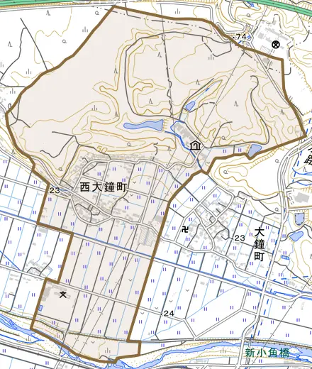 西大鐘町とその周辺の地図。町の範囲を重ねている