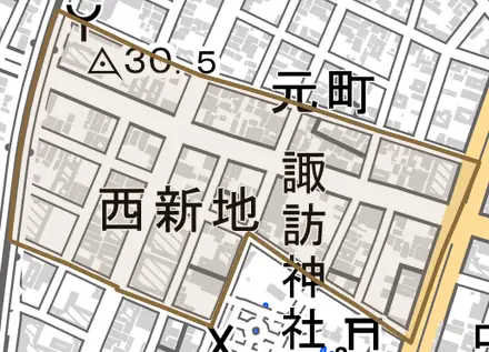 西新地とその周辺の地図。町の範囲を重ねている