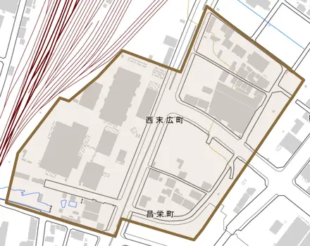 西末広町とその周辺の地図。町の範囲を重ねている