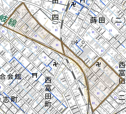西富田とその周辺の地図。町の範囲を重ねている