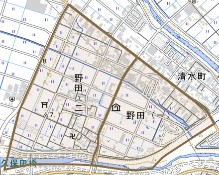 野田とその周辺の地図。町の範囲を重ねている
