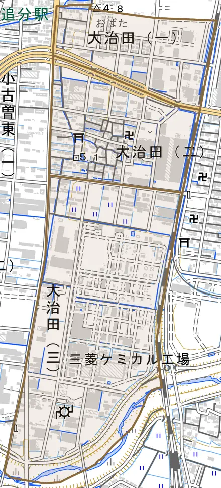 大治田とその周辺の地図。町の範囲を重ねている