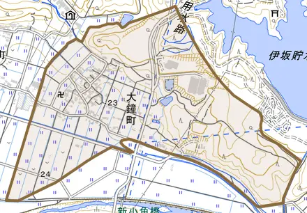 大鐘町とその周辺の地図。町の範囲を重ねている